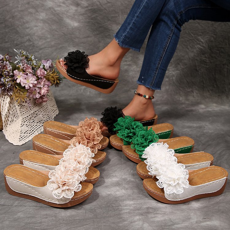 Damen Wedge-Pantoletten mit floralen Applikationen EB