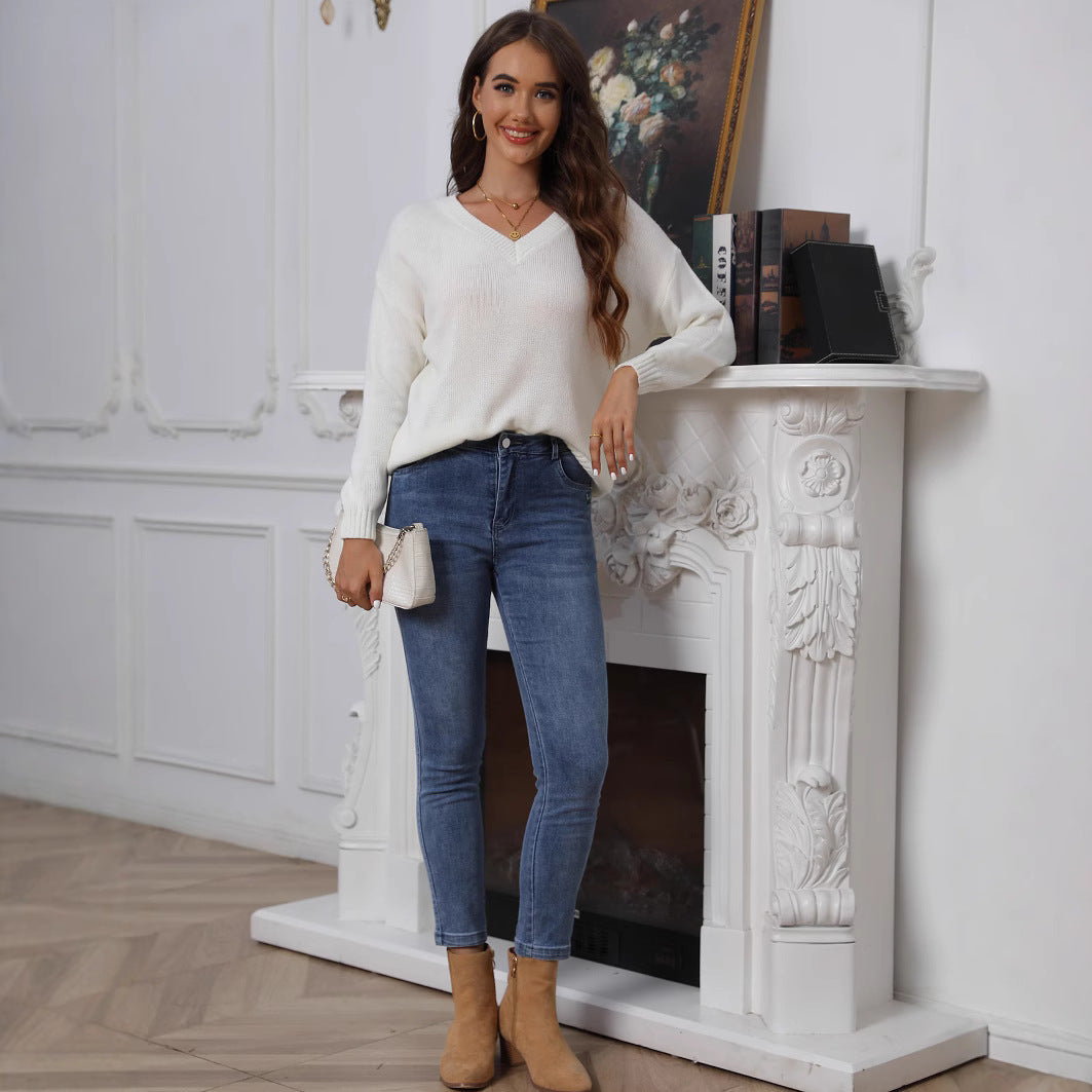 Damen Viskose Strickpullover mit modischem V-Ausschnitt und weitem Schnitt EB