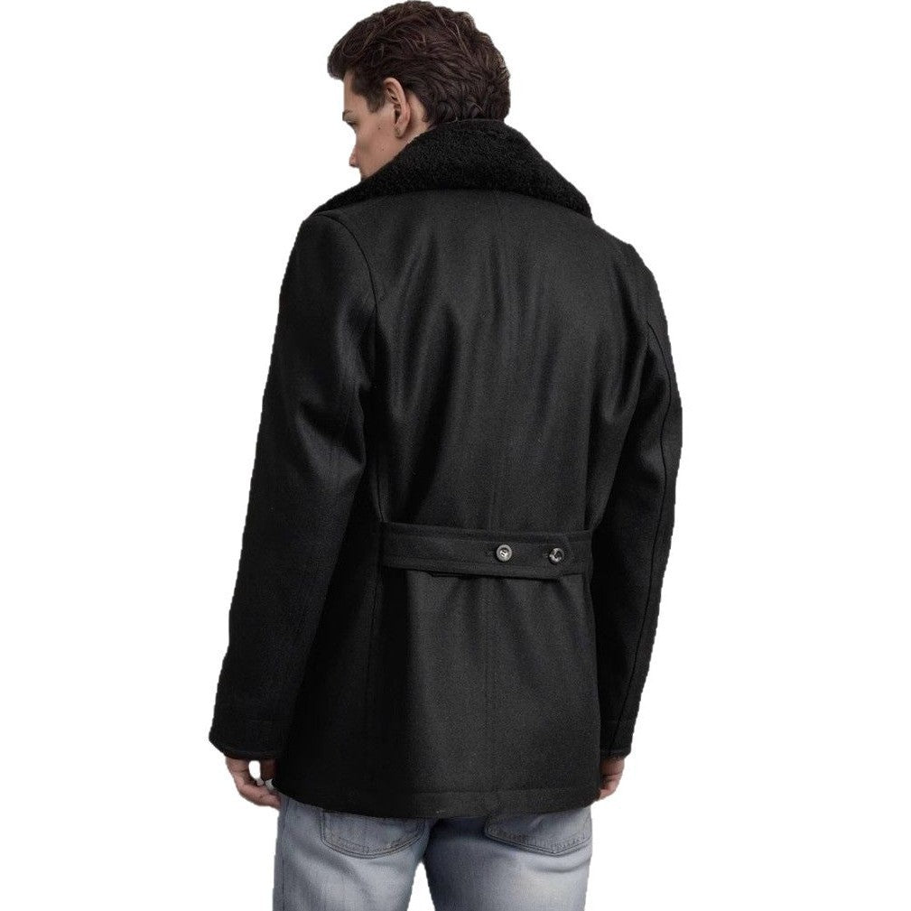 Herren elegante Wolle-Mantel mit hochgeschlossenem Fellkragen EB