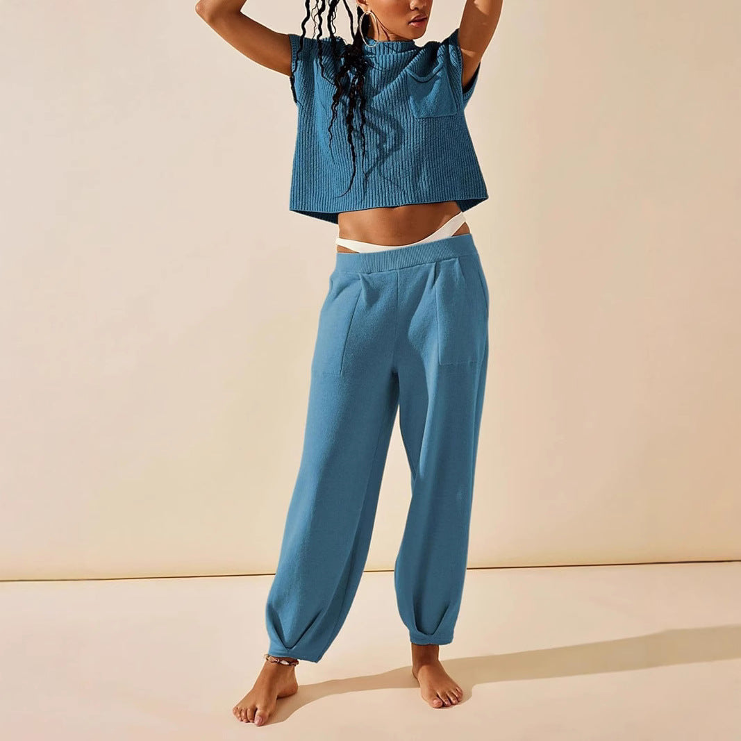 Damen lässiges Strick-Oberteil und weite Hose Set EB
