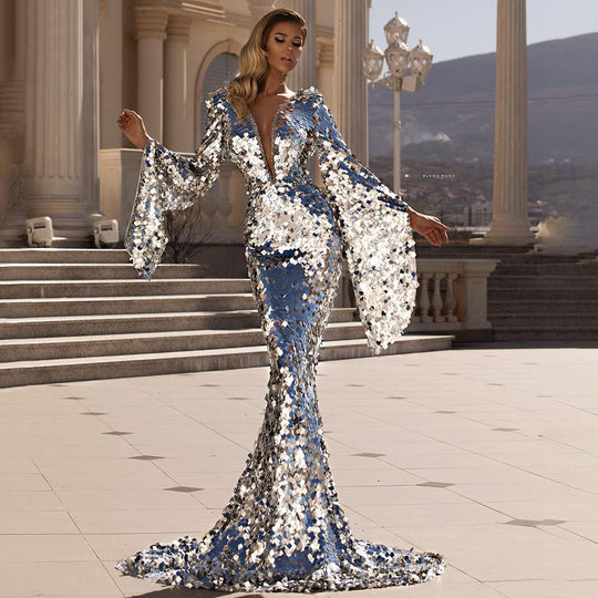Damen Glamouröses Pailletten Abendkleid mit tiefem V-Ausschnitt und langen Ärmeln EB