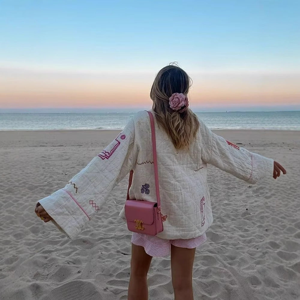 Damen Kimono-Jacke mit dekorativem Stickdesign und praktischen Taschen EB