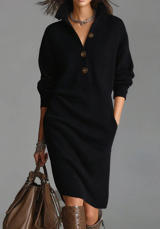 Damen nan gestricktes Pulloverkleid mit Polokragen, Eingrifftaschen und lässiger Passform EB