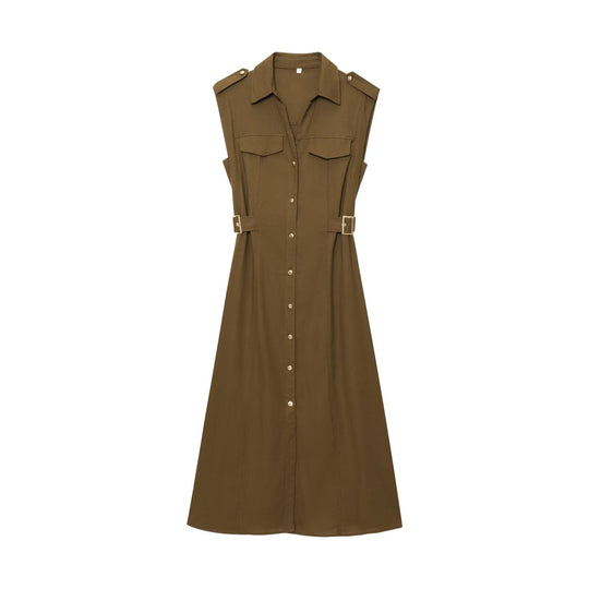 Damen Maxikleid mit dekorativen Taschen und Gürtel EB