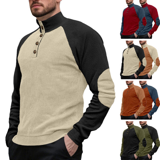 Herren nan zweifarbiger Ripptroyer mit asymmetrischer Knopfleiste und Velours-Ellbogenpatch EB
