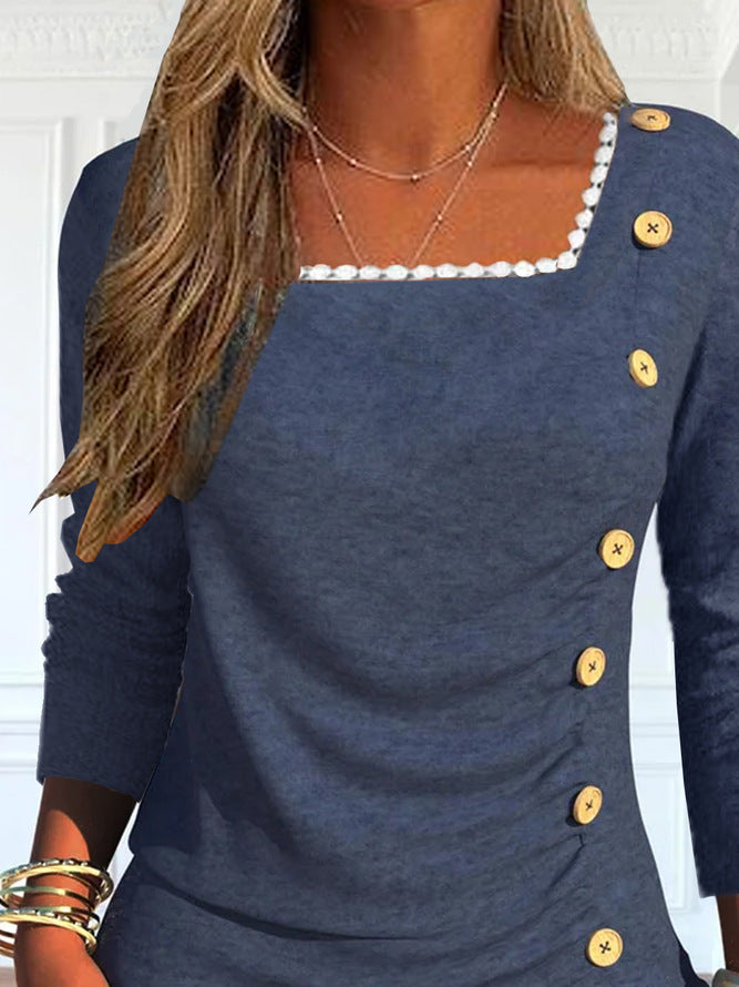Damen Langarmshirt mit quadratischem Ausschnitt und dekorativen Knopfdetails EB