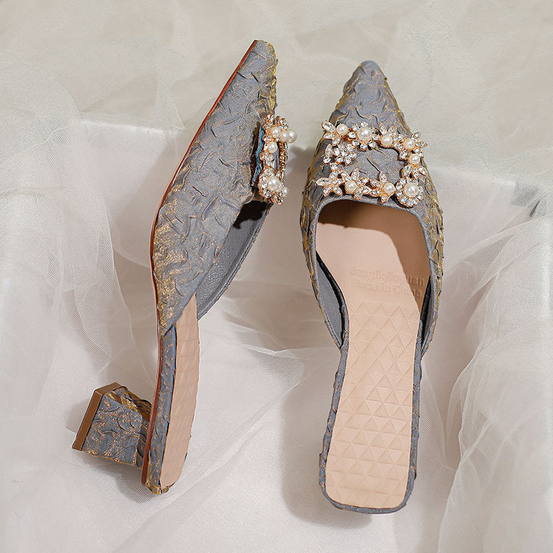 Damen elegante spitze Mules mit luxuriösem Schmuckdetail EB