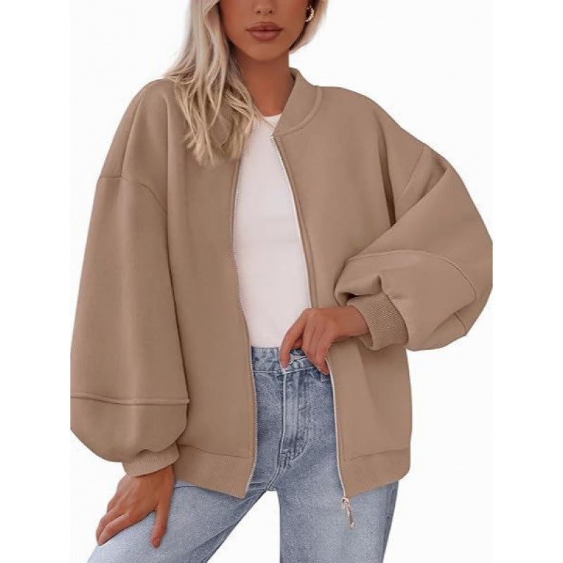 Damen lässige Oversized-Jacke mit Reißverschluss und ballonen Ärmeln EB