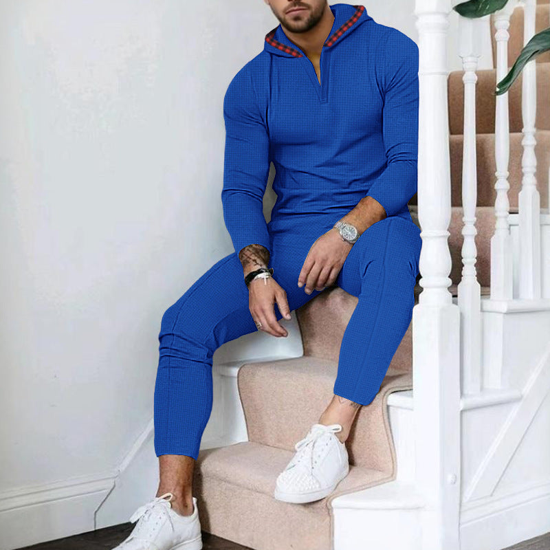 Herren nan Slim-Fit Waffel-Strick Kapuzen-Set mit Halbzip, kontrastgefütterter Kapuze und tapered Jogginghose EB