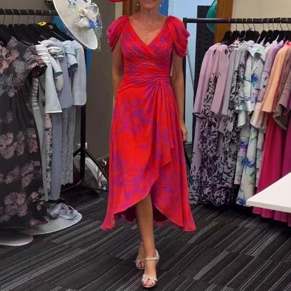 Damen nan festliches Chiffon-Midikleid mit gekreuztem V-Ausschnitt, taillenraffung und asymmetrischem Tulpenrock EB