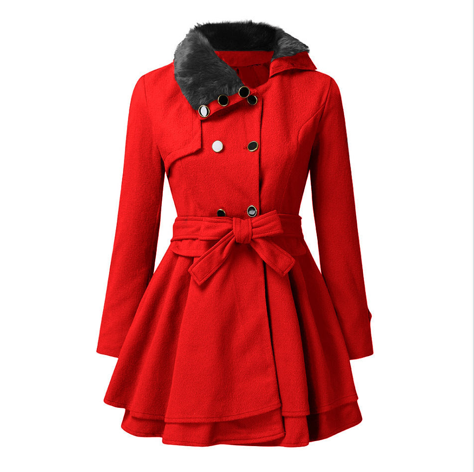Damen eleganter Trenchcoat mit abnehmbarem Fellkragen und Taillengürtel EB