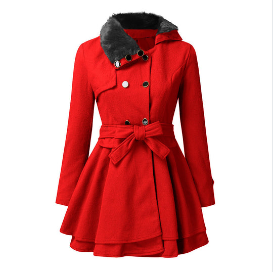 Damen eleganter Trenchcoat mit abnehmbarem Fellkragen und Taillengürtel EB
