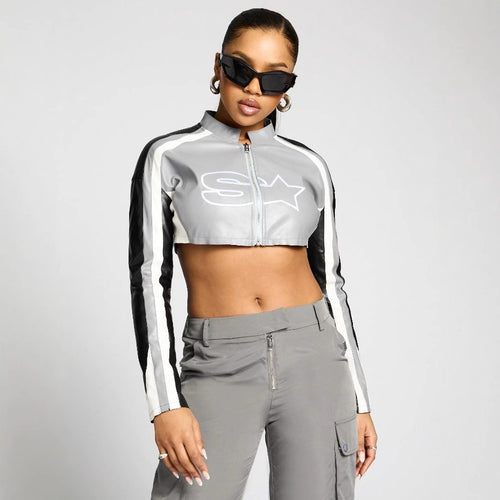 Damen cropped Sportjacke mit stylischem Reißverschluss und kontrastierenden Streifen EB