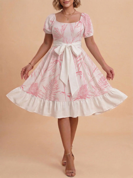 Damen Retro Maxikleid mit Puffärmeln und Taillengürtel EB
