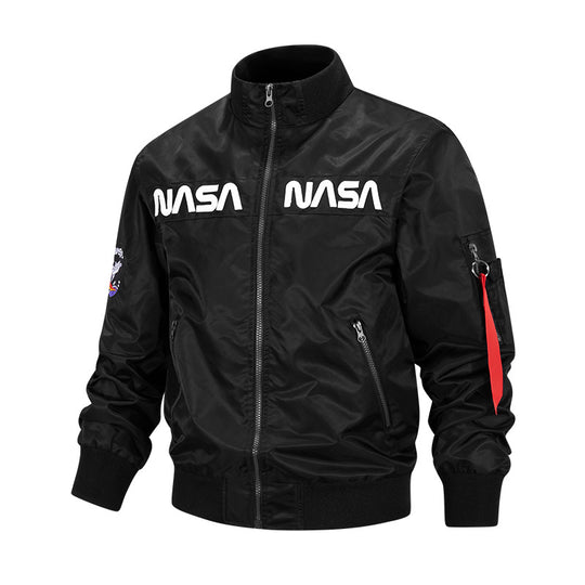 Men's  retro-space pilot bomber with embroidered NASA chest panels and sleeve utility pocket EB
