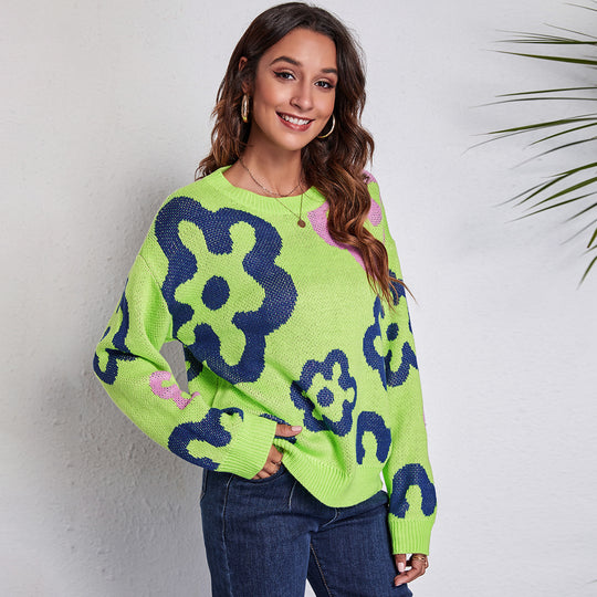 Damen Großer Strickpullover mit verspielt floralem Design EB