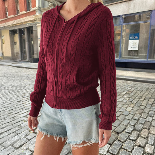 Damen nan Kapuzen-Strickjacke mit Reißverschluss, Zopfstrickstruktur und Kängurutasche EB
