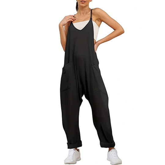 Damen Lässiger Jumpsuit mit tiefem V-Ausschnitt und praktischen Taschen EB