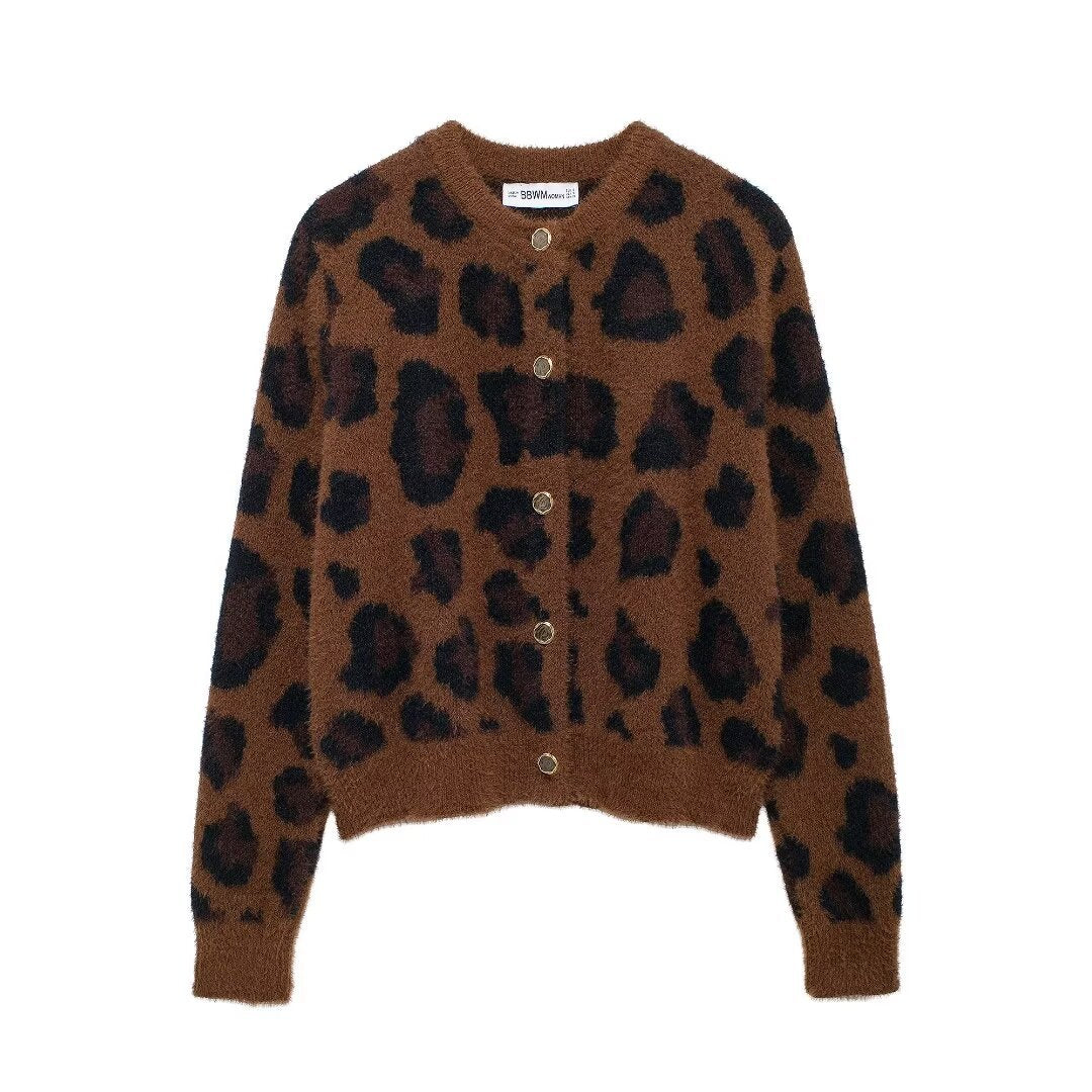 Damen nan kuschelige Strickjacke mit Leopardenmuster, Rundhalsausschnitt und durchgehender Knopfleiste EB