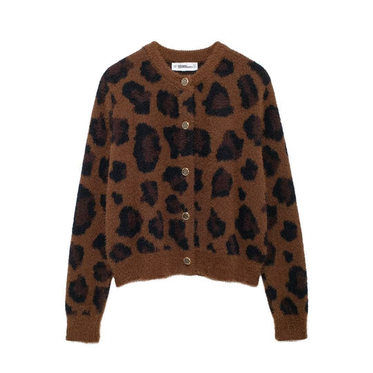 Damen nan kuschelige Strickjacke mit Leopardenmuster, Rundhalsausschnitt und durchgehender Knopfleiste EB