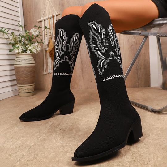 Damen Strumpfstiefel mit kreativem Verzierungsdesign und elegantem Blockabsatz EB