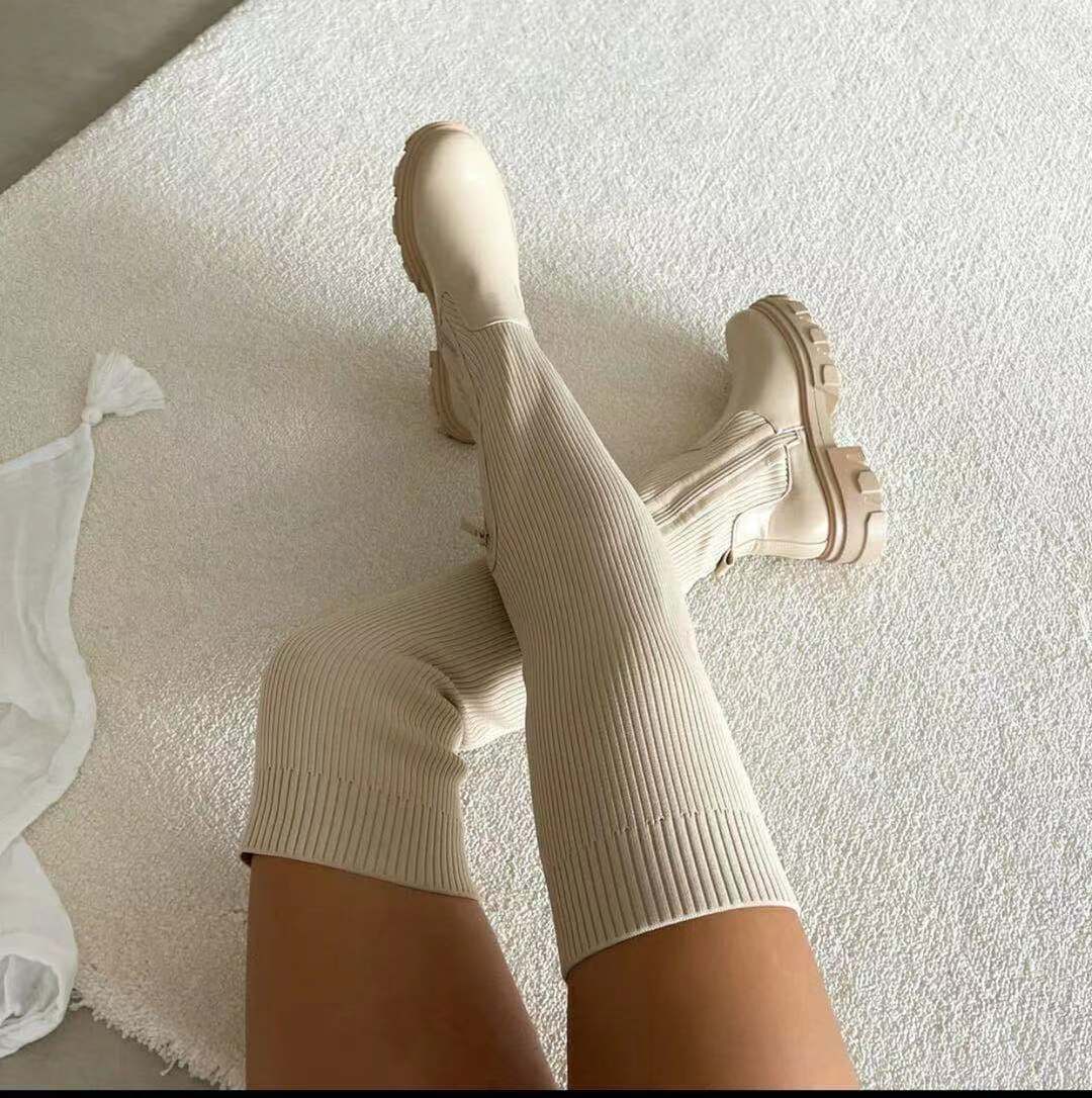 Damen nan überknielange Stiefel mit elastischem Strickschaft, seitlichem Reißverschluss und robuster Profilsohle EB