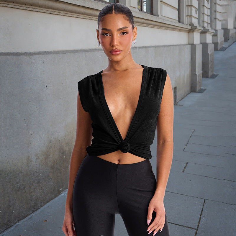 Damen Stylishes Wickeloberteil mit tiefem V-Ausschnitt und Knoten-Detail EB