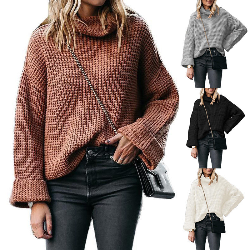 Damen Oversized Strickpullover mit hohem Kragen und strukturiertem Wabenmuster EB
