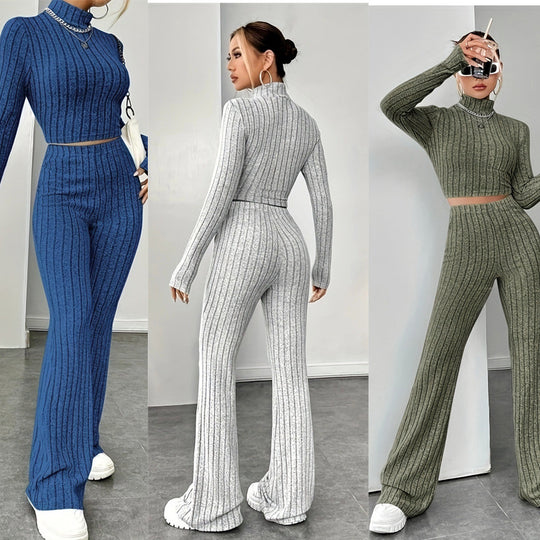 Damen Strickfleece Set mit hohem Kragen und ausgestellten Hosen EB