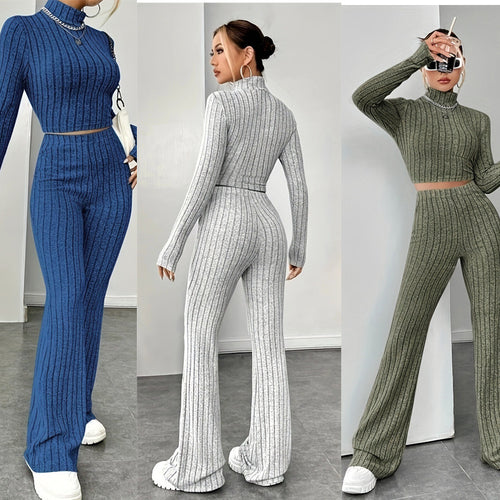 Damen Strickfleece Set mit hohem Kragen und ausgestellten Hosen EB