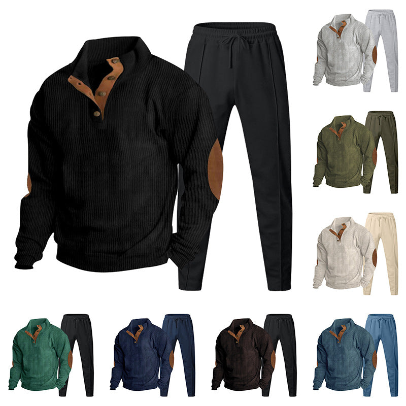Herren Strukturiertes Henley-Loungewear-Set mit Ellenbogen-Patches & tapered Jogginghose EB