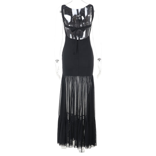 Damen Elegantes Maxikleid mit transparenten Einsätzen und Rüschendetails EB