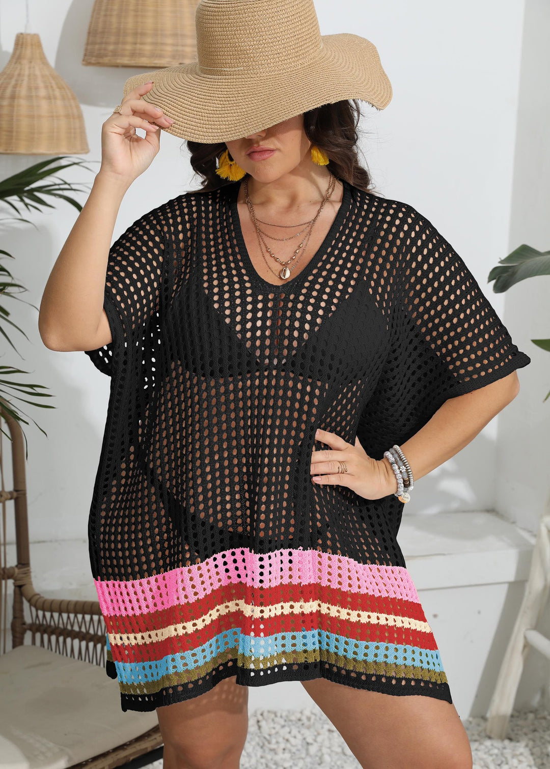 Damen transparenter Strandüberwurf mit buntem Lochdesign EB