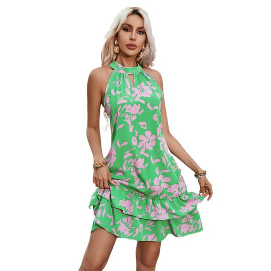 Damen Sommerliches Strandkleid mit Rüschen und attraktivem Blumenmuster EB