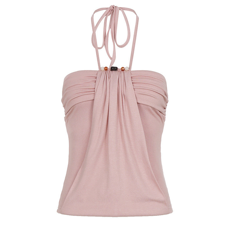 Damen Spaghetti-Trägertop mit eleganter Drapierung und dekorativen Perlen EB