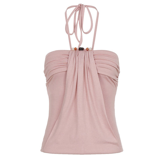 Damen Spaghetti-Trägertop mit eleganter Drapierung und dekorativen Perlen EB