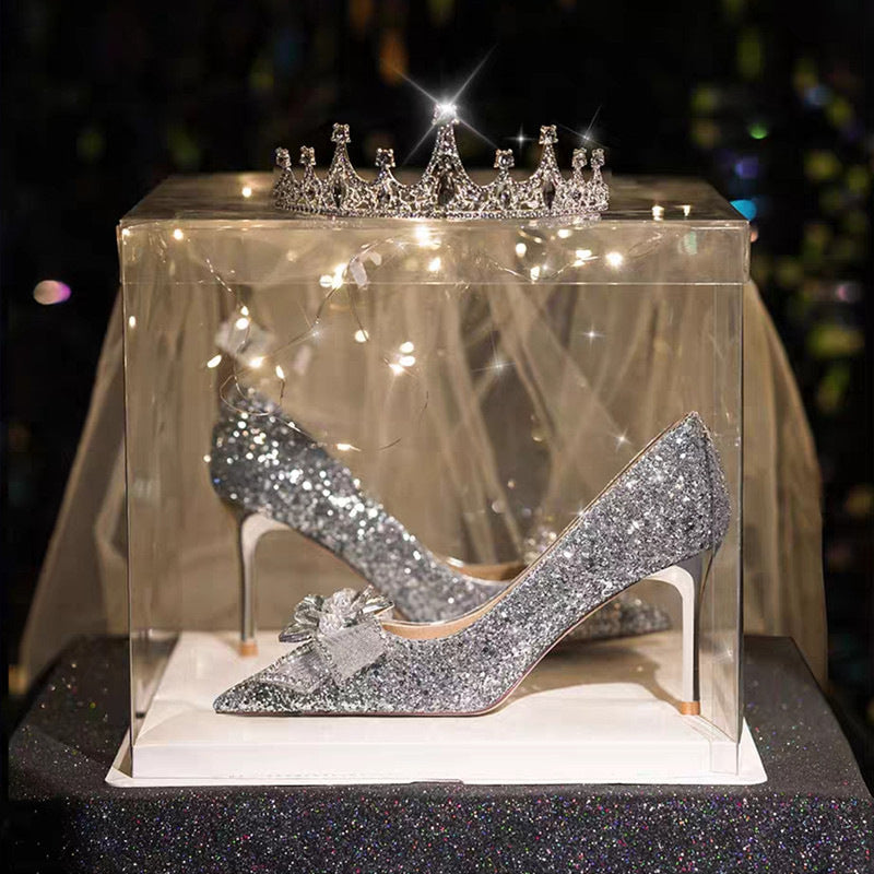 Damen Glamouröse hochhackige Glitzer-Pumps mit eleganter Schleifenverzierung EB