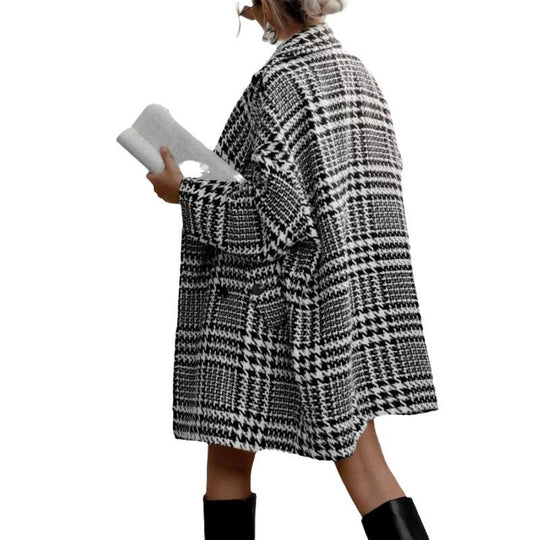 Damen Oversized Wollmantel mit Karomuster und hoher Kragenführung EB