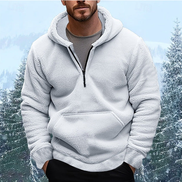 Herren nan sherpa fleece-hoodie mit halbem Reißverschluss, Kapuze und großer Kängurutasche EB