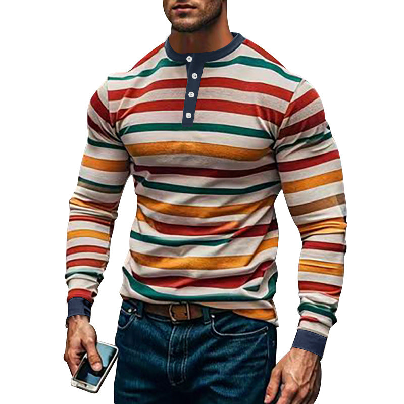 Herren nan gestreiftes Langarm-Henleyshirt mit Stehkragen und Knopfleiste EB