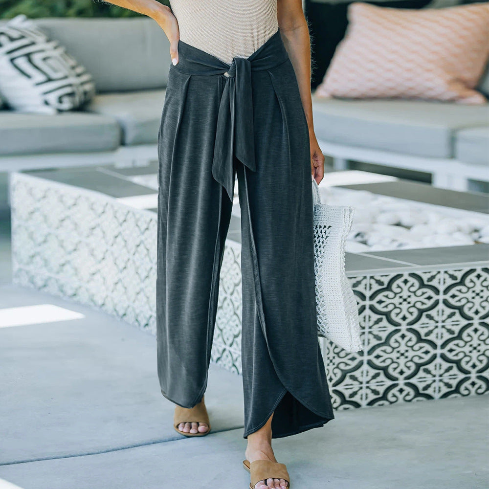Damen elegante Palazzo-Hose mit stylichem Bindegürtel und hohem Bund EB