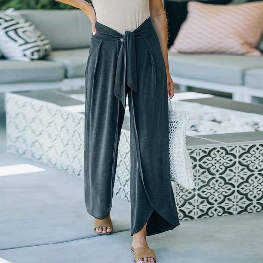 Damen elegante Palazzo-Hose mit stylichem Bindegürtel und hohem Bund EB