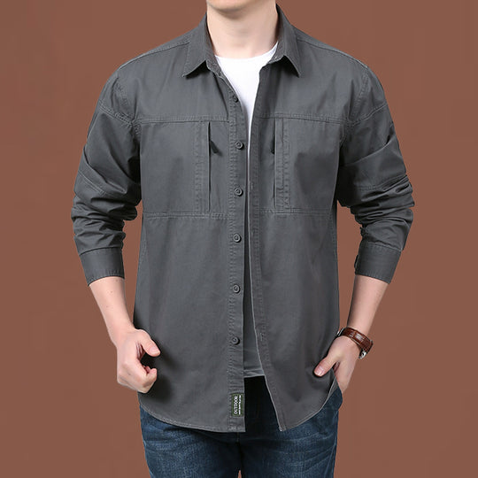 Herren nan leichtes Baumwoll-Utility-Overshirt mit zwei verdeckten Brusttaschen und klassischem Kentkragen EB