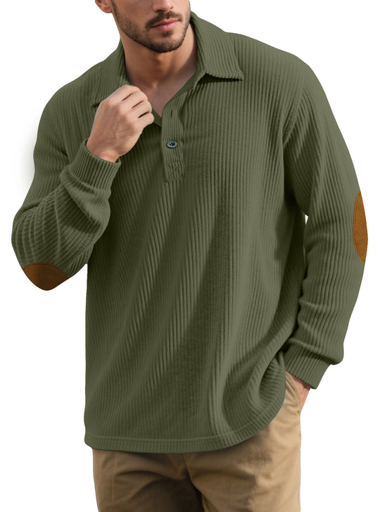 Herren nan gerippter Freizeit-Polo mit Kentkragen, kurzer Knopfleiste und Velours-Ellenbogenpatch EB