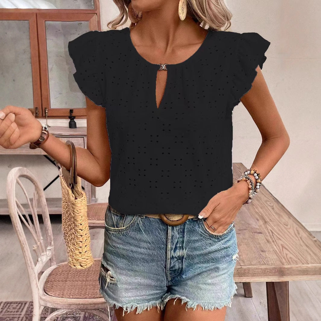 Damen Bluse mit Rüschendetails und verspieltem Lochmuster EB