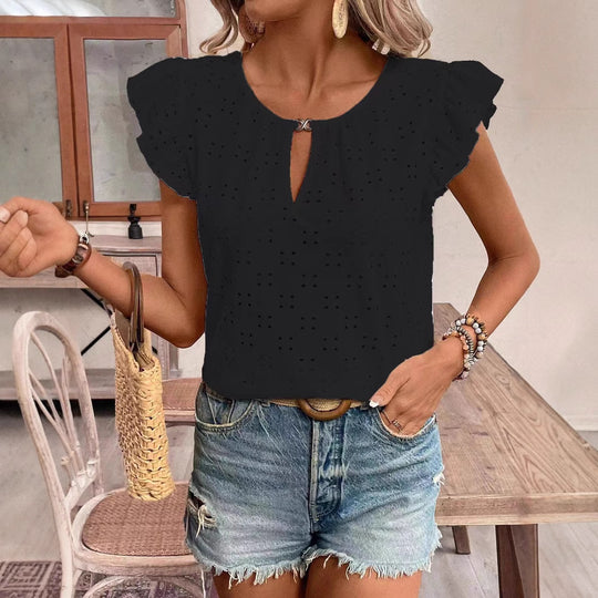 Damen Bluse mit Rüschendetails und verspieltem Lochmuster EB