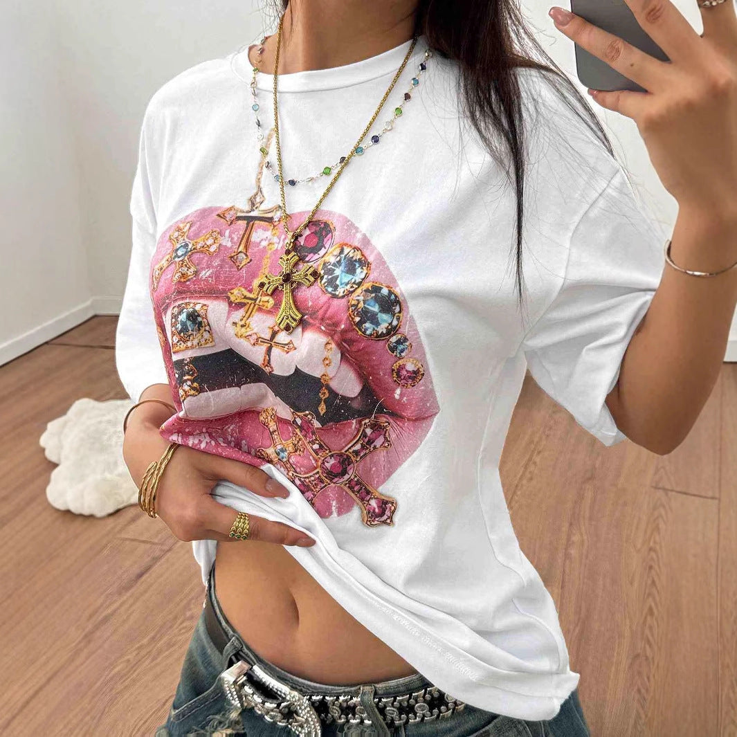Damen Oversized T-Shirt mit kreativem Lippen- und Schmuckdesign EB