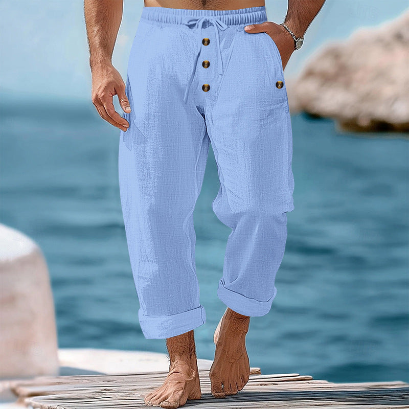 Herren nan lockere Leinen-Baumwoll-Hose mit elastischem Bund, Kordelzug und aufgekrempeltem Saum EB