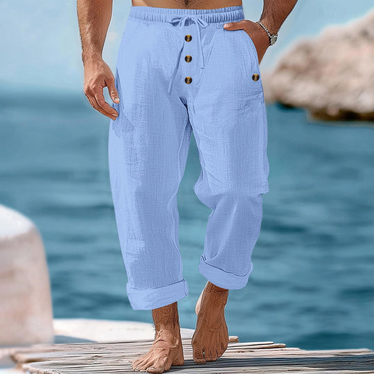 Herren nan lockere Leinen-Baumwoll-Hose mit elastischem Bund, Kordelzug und aufgekrempeltem Saum EB
