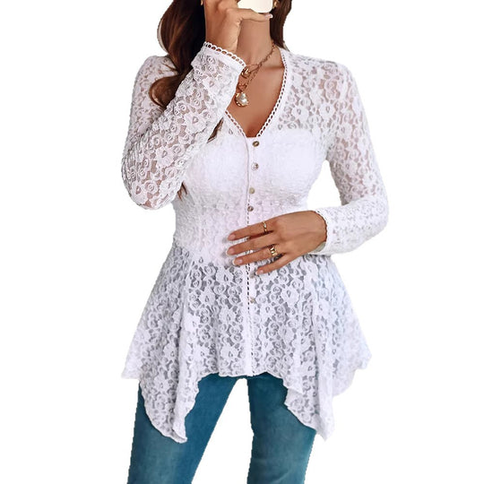 Damen romantische Spitzenbluse mit asymmetrischem Saum und Knopfdetails EB